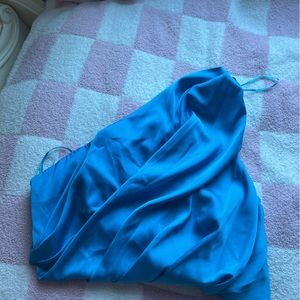 Blue satin one shoulder top